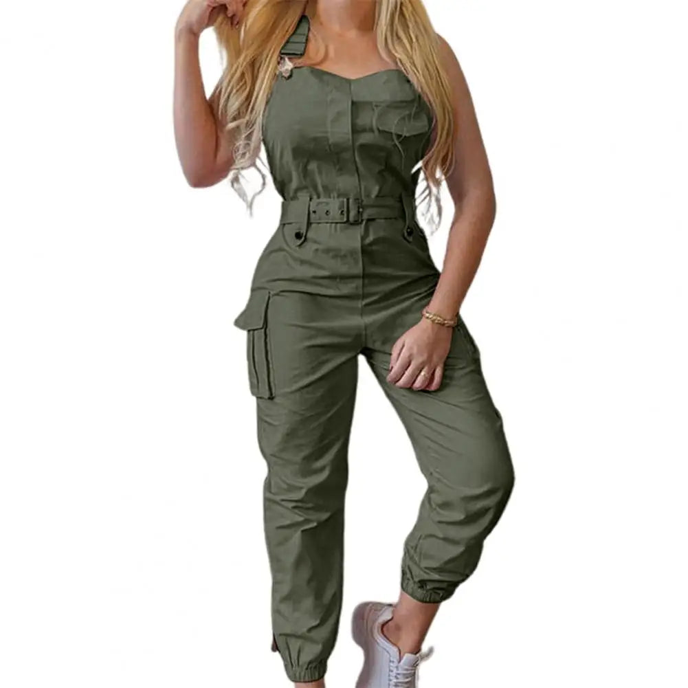 Shoulder Strap Lady Jumpsuit Casual Sleeveless Ankle Tied Cargo Jumpsuit Belt Pocket Design Overall Jumpsuit