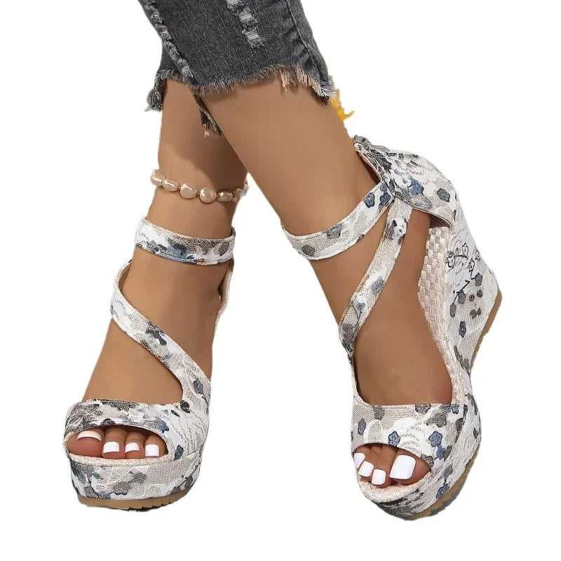 Women Print Back Zip Platform Wedges Shoes