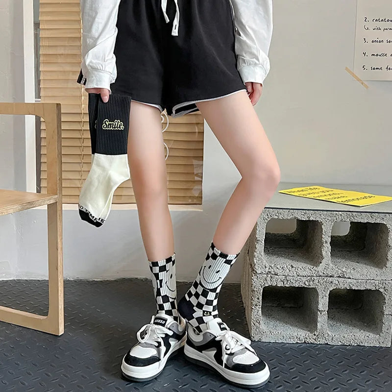 5 Pairs of Black and White Smiley Face Mid-calf Socks