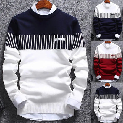 Pullover Color Block Patchwork O Neck Long Sleeve Knitted Sweater For Men