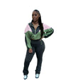 Casual 2 Piece Set Color Patchwork Long Sleeve Zip-up Jackets Crop Top + High Waist Flare Pants