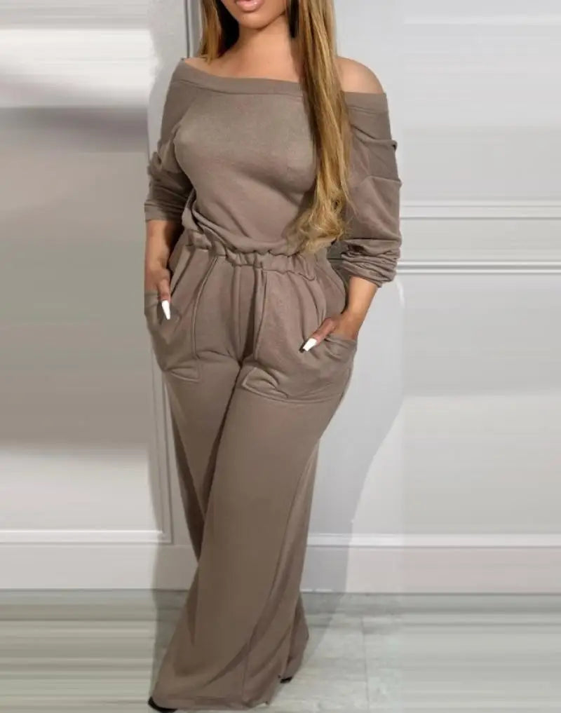 Solid Color Casual Backless Long Sleeved Pocket High Waist Jumpsuit