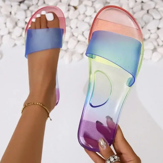 Large size flat bottomed transparent jelly candy colored beach slippers