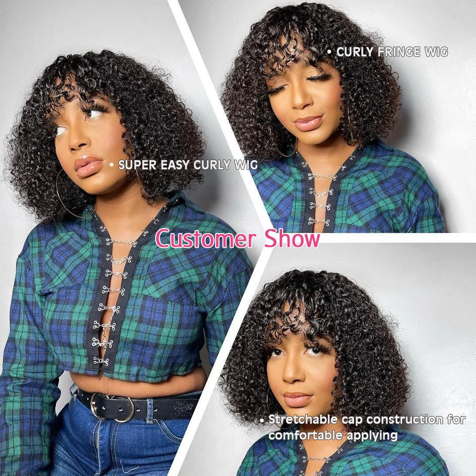 Short Bob Curly Human Hair Ombre Brazilian Remy Hair WIgs With Bangs 180% Density