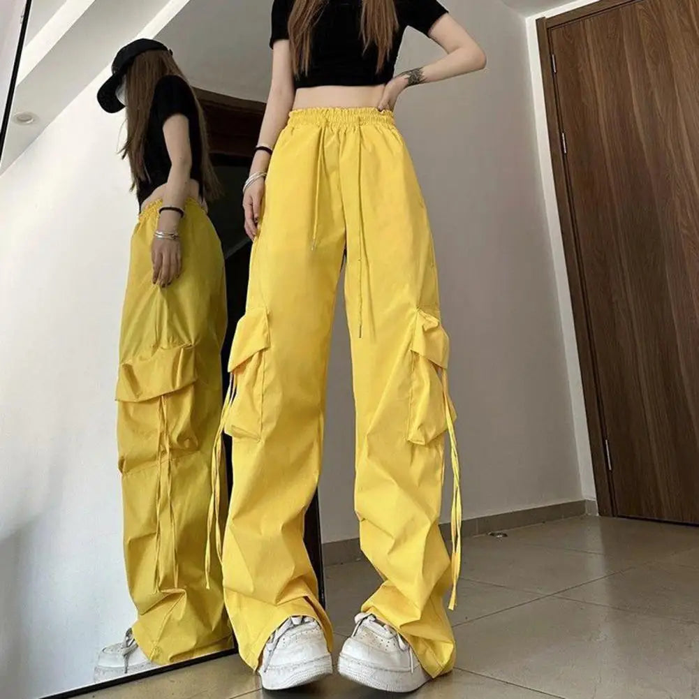 Vintage-inspired Women's High Waist Cargo Pants with Elastic Waistband Drawstring