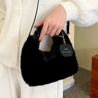 Women Faux Fur Plush Handbags Ruched Handle