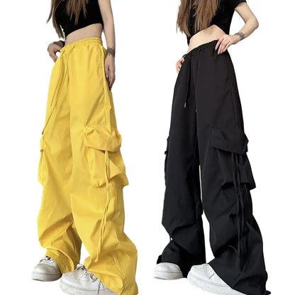 Vintage-inspired Women's High Waist Cargo Pants with Drawstring Multiple Pockets