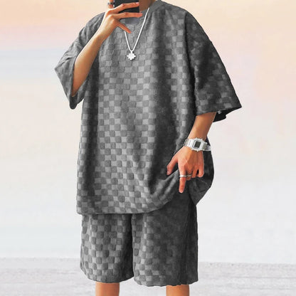 Fashion Men'sr O-neck Knitted Top and Shorts Set, Classic American Oversize Casual