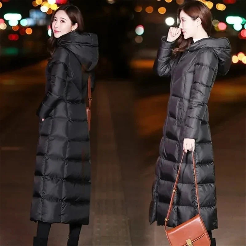 Long Down Cotton  Winter Warm Hooded Cotton-padded Coat Thicken Warm Puffer Coat