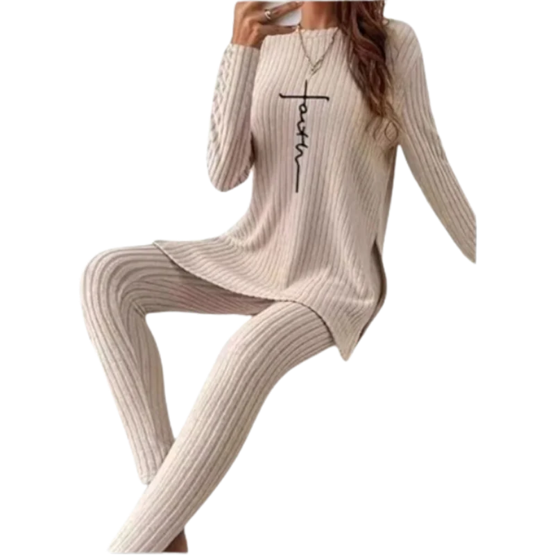 Casual Solid Color Knitted Suit Women Two-Piece Long Sleeve Split Top Slim Fit