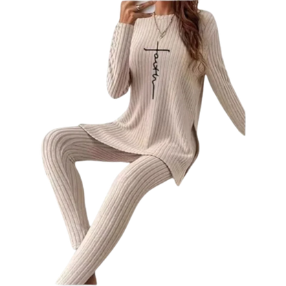 Casual Solid Color Knitted Suit Women Two-Piece Long Sleeve Split Top Slim Fit