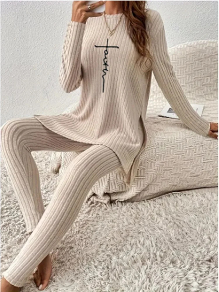 Casual Solid Color Knitted Suit Women Two-Piece Long Sleeve Split Top Slim Fit