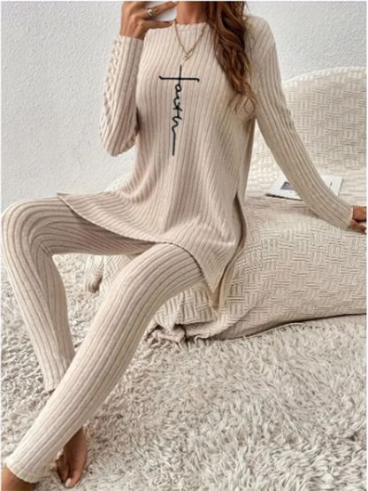 Casual Solid Color Knitted Suit Women Two-Piece Long Sleeve Split Top Slim Fit