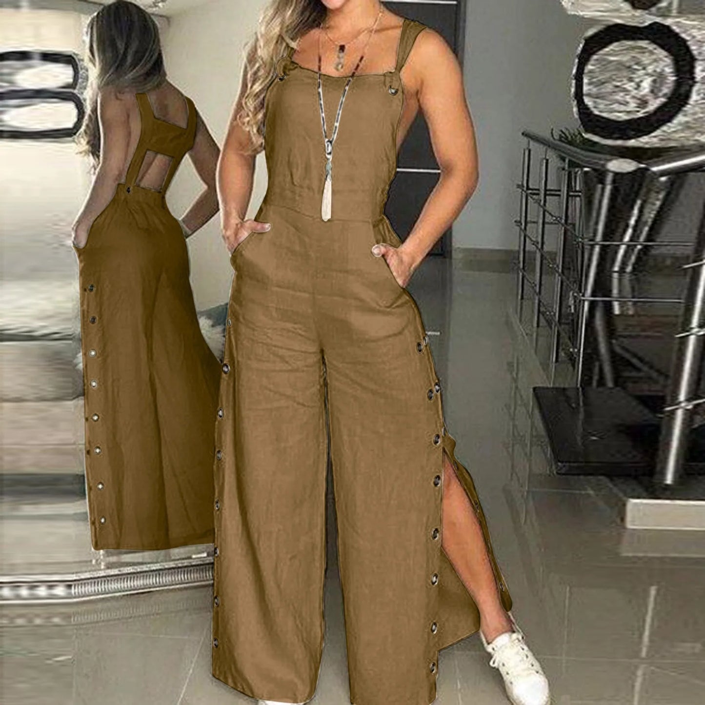 Women's Jumpsuit Sleeveless Twisted Knot Cotton Linen Strappy Playsuit Side Button Opening Loose Long Pants Romper