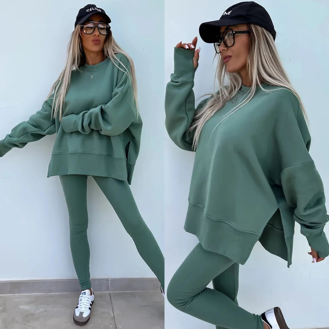 Two Pieces Solid Loose Sweatshirts Split Pullover Pencil Pants