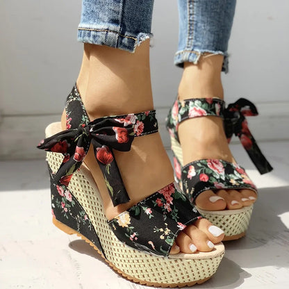 Ladies  Platform Floral Women's Lace-up Comfy Wedges