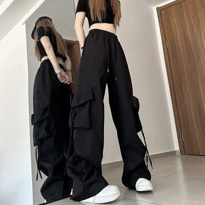 Vintage-inspired Women's High Waist Cargo Pants with Drawstring Multiple Pockets