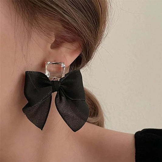 Black White Women Statement Stud Earrings Fabric Lace Bow Drop Earrings