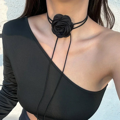 Romantic Gothic Big Rose Flower Clavicle Necklace Adjustable Rope Choker