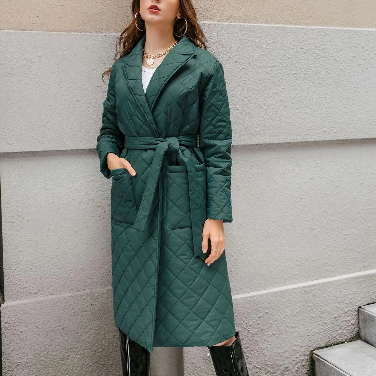 Winter Quilted Coats Women Long Parkas Vintage Plaid Loose Belt Jacket Overcoat