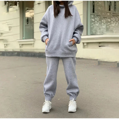 European Style  Solid Color Hooded Sweatshirt Casual 2-Piece Set Suit