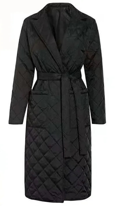 Winter Quilted Coats Women Long Parkas Vintage Plaid Loose Belt Jacket Overcoat