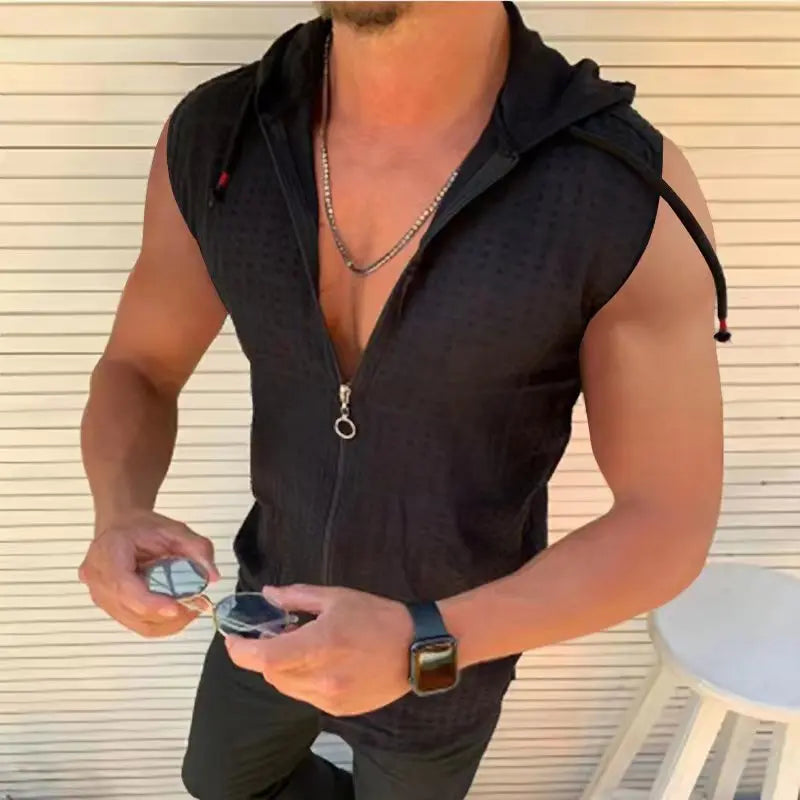 Sleeveless zipper hooded T-shirt Casual hooded Sun-protective clothing