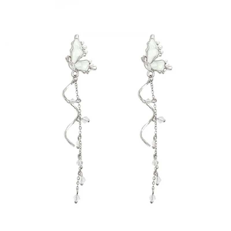 Romantic Long Tassel Delicate White Butterfly Crystal Dangle Earrings