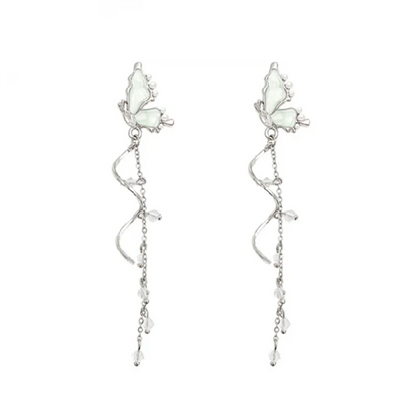 Romantic Long Tassel Delicate White Butterfly Crystal Dangle Earrings