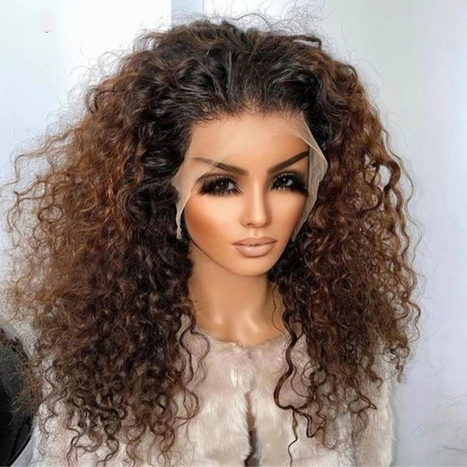 Soft 26 "Long Ombre Honey Blonde Brown 180Density Kinky Curly Lace Front Wig For Black Women BabyHair Glueless Preplucked