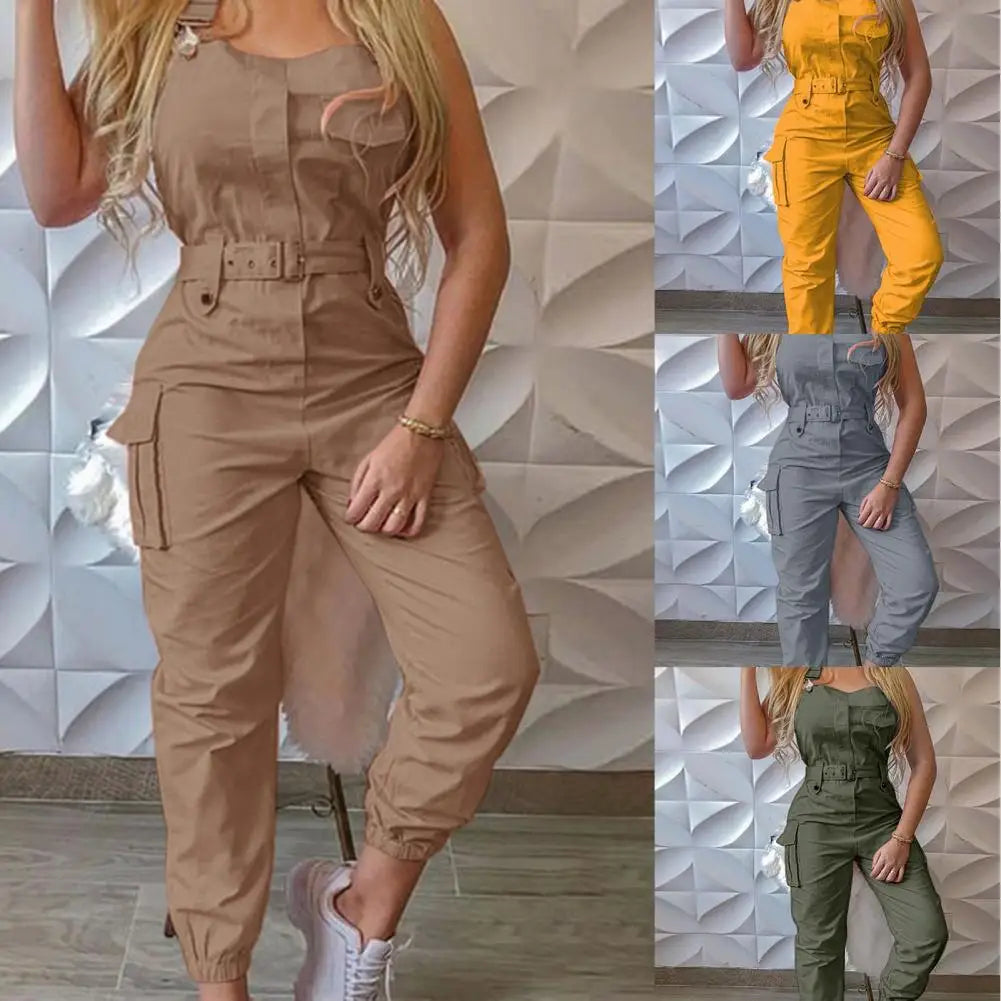 Shoulder Strap Lady Jumpsuit Casual Sleeveless Ankle Tied Cargo Jumpsuit Belt Pocket Design Overall Jumpsuit