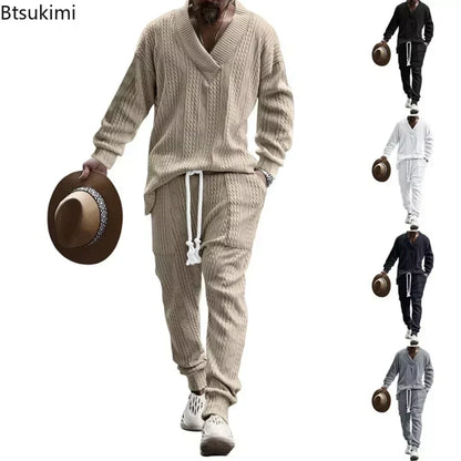 Men's Knitted Suit Sets Long Sleeve V-neck Shirts and Drawstring Pants Sets