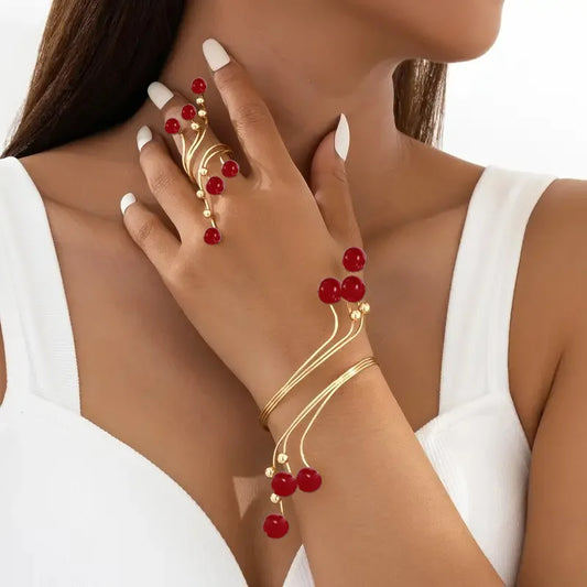 Red Imitation Pearls Bracelet and Ring Set