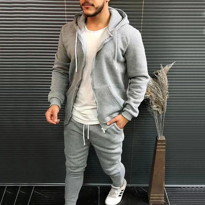 Solid Color Fashion Casual Suit Hooded Cardigant and Trousers Menswear Set