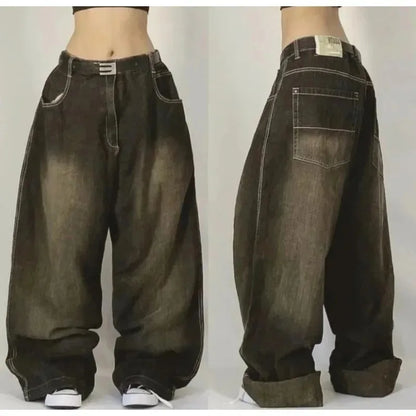 American New Washed Baggy Jeans Men And Women Y2K High CasualFashion Retro Punk High Waist Wide Trousers