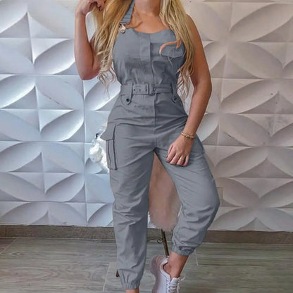 Shoulder Strap Lady Jumpsuit Casual Sleeveless Ankle Tied Cargo Jumpsuit Belt Pocket Design Overall Jumpsuit