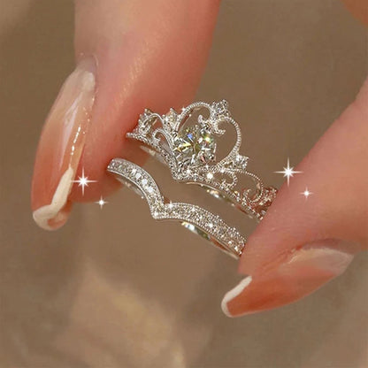 2PCS Crystal Crown Adjustable Ring