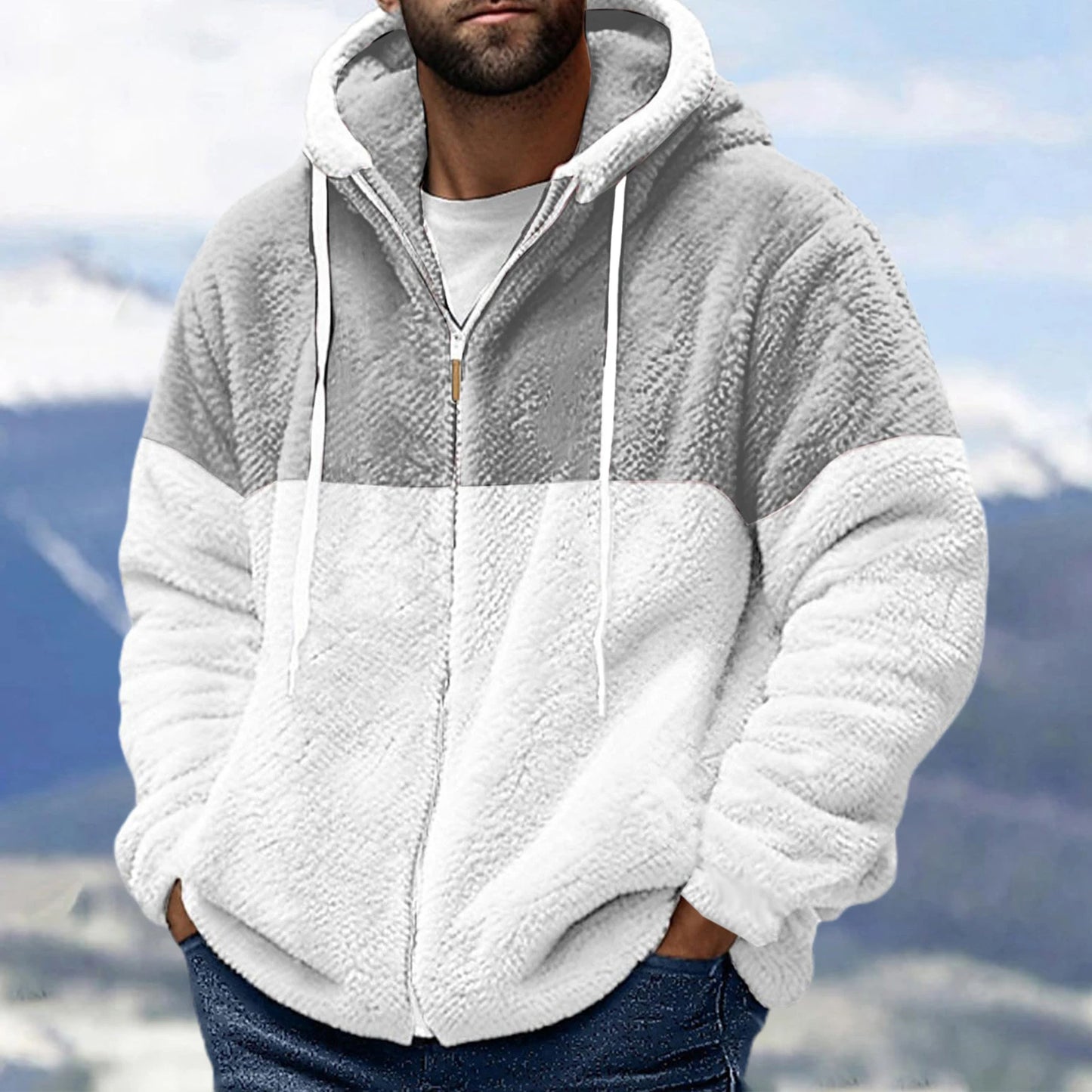 Men Plush Hoodie Casual Lightweight Contrast Color Long Sleeve Zip up Sweatshirt