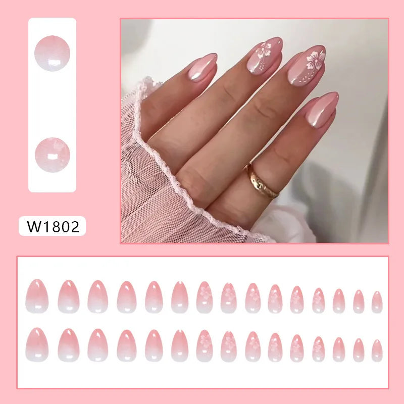 Caramel Flower 24 Pcs Press on Nails Pink Gradient  Glossy Artificial  Reusable Nails