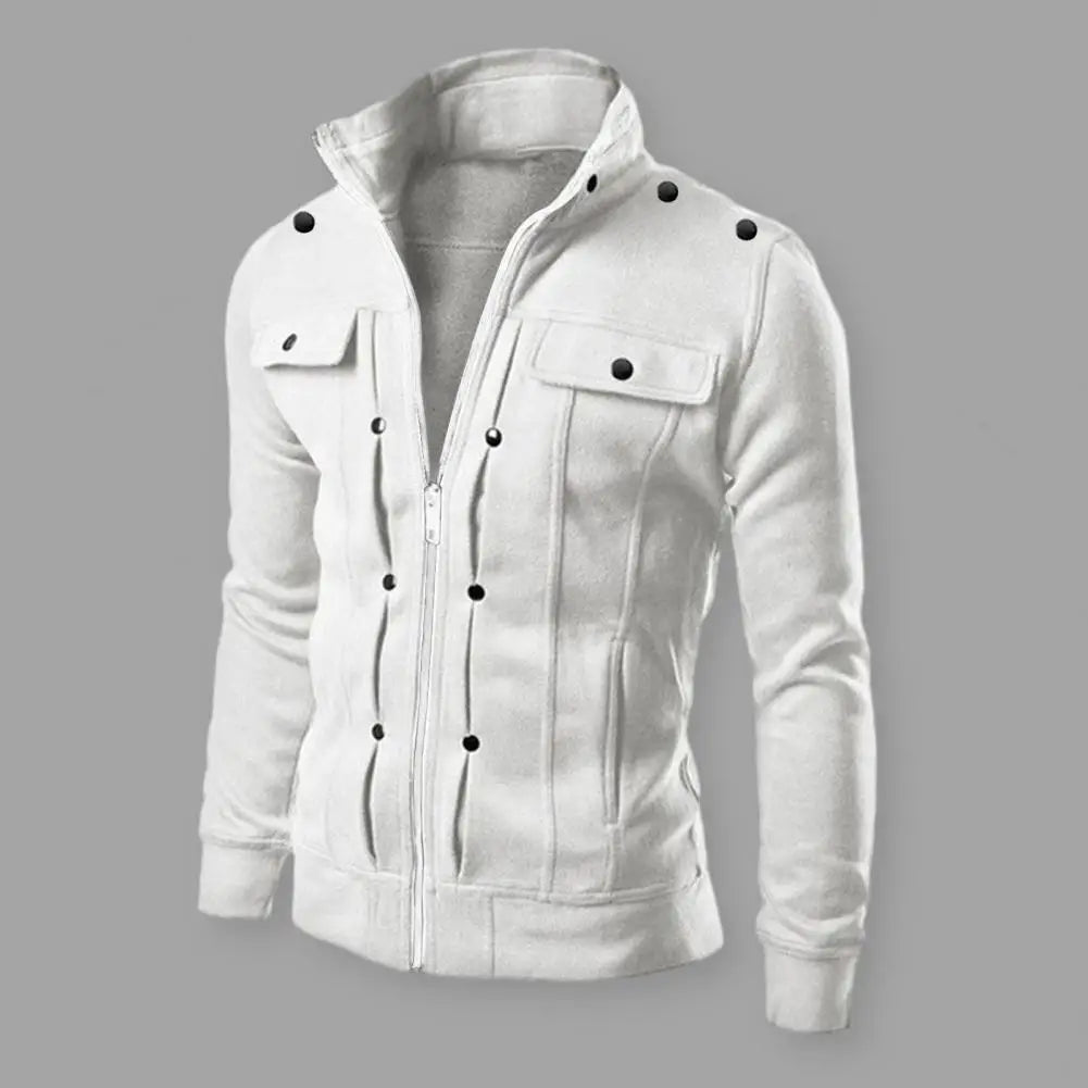 Outerwear Solid Color Stand Collar Jacket with Buttons Zipper Closure for Spring Autumn Long for Men