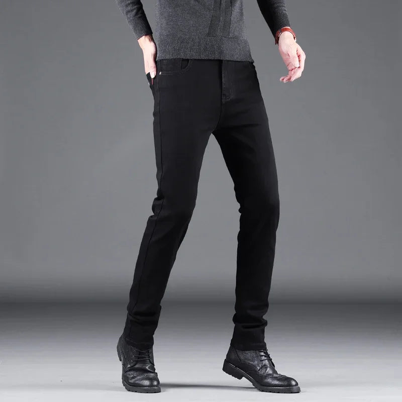 Pure Black Slim Elastic Straight Denim Pants Male