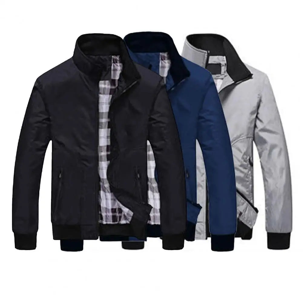 Solid Color Stand Collar Pockets Casual Long Sleeve Elastic Cuff Spring Jacket for Daily Wear