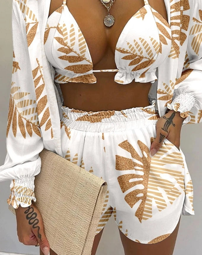 Women's Three Piece Tropical Leaf Print Cropped Top Shorts Set Lantern Sleeve Shirt