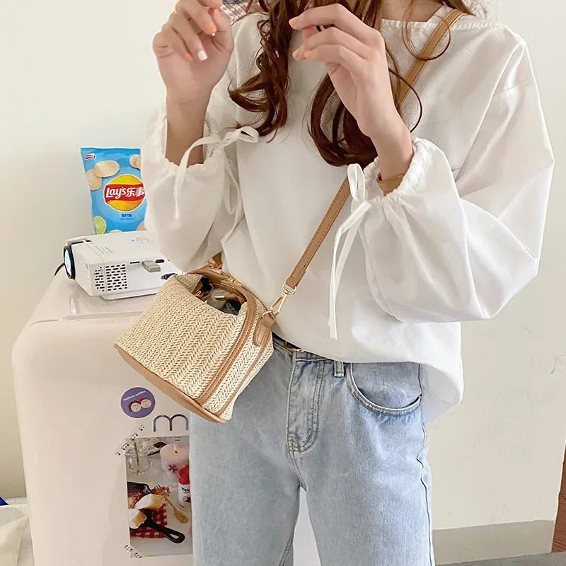 Small Straw Trendy Shoulder Bag Woven Bucket Crossbody Casual Tote Bag