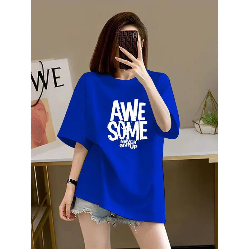 Chic Letter Print Basic Top Tees Fashion Pure Cotton O-neck Short Sleeve T-shirt Loose