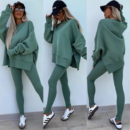 Two Pieces Solid Loose Sweatshirts Split Pullover Pencil Pants