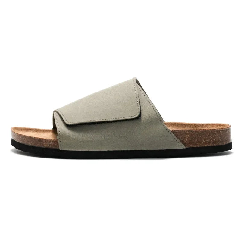 Suede Leather Cork Slippers for Men Classic Flat Shoes Summer Men Outside Beach Sandals Man Roman Comfortable Slides