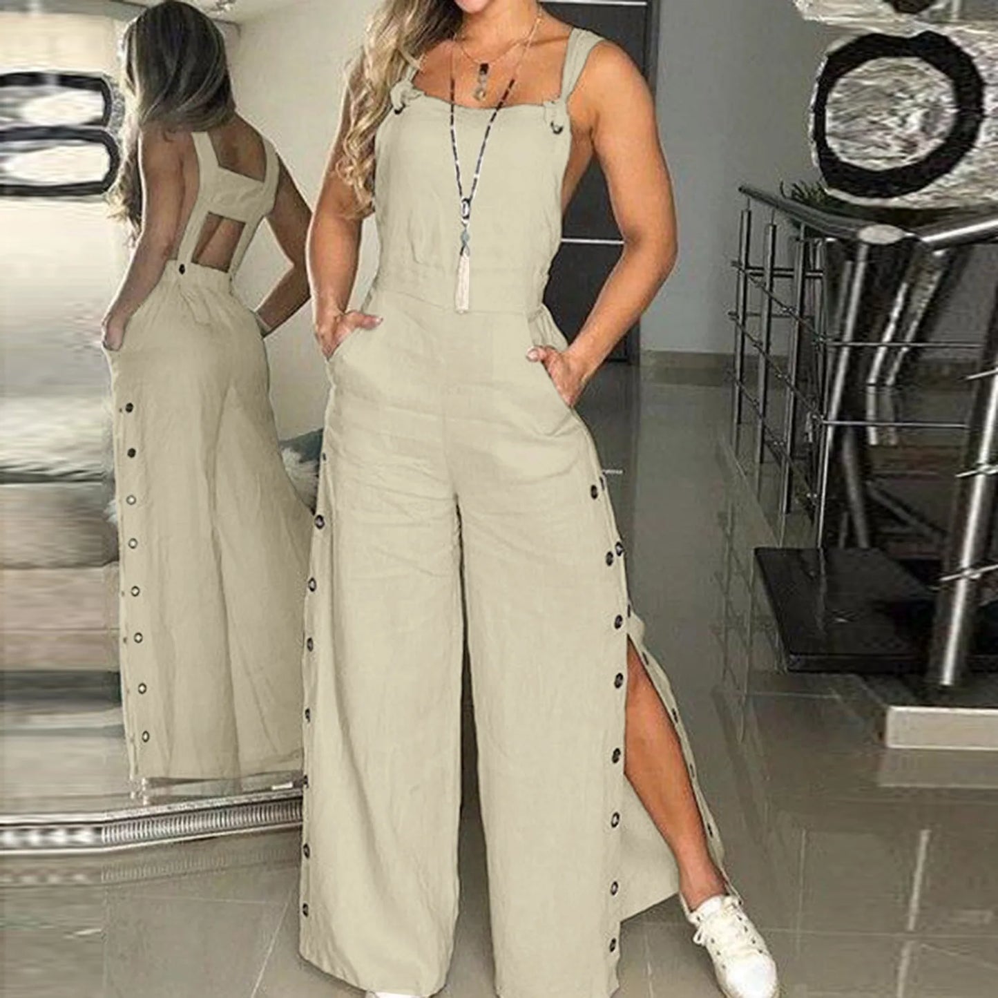 Women's Jumpsuit Sleeveless Twisted Knot Cotton Linen Strappy Playsuit Side Button Opening Loose Long Pants Romper