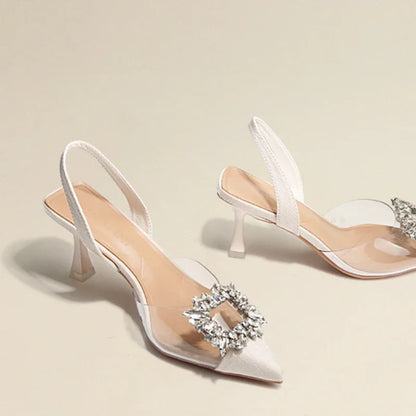 Summer women's transparent heel sandals with bling embellishment, pointed toe design, stylish and chic for any occasion.