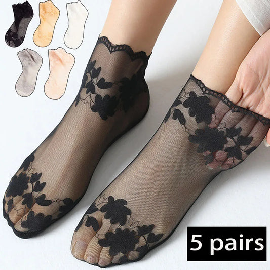 3/5 pairs Breathable Elastic Ladies Thin Leaves Transparent Lace Invisible Socks